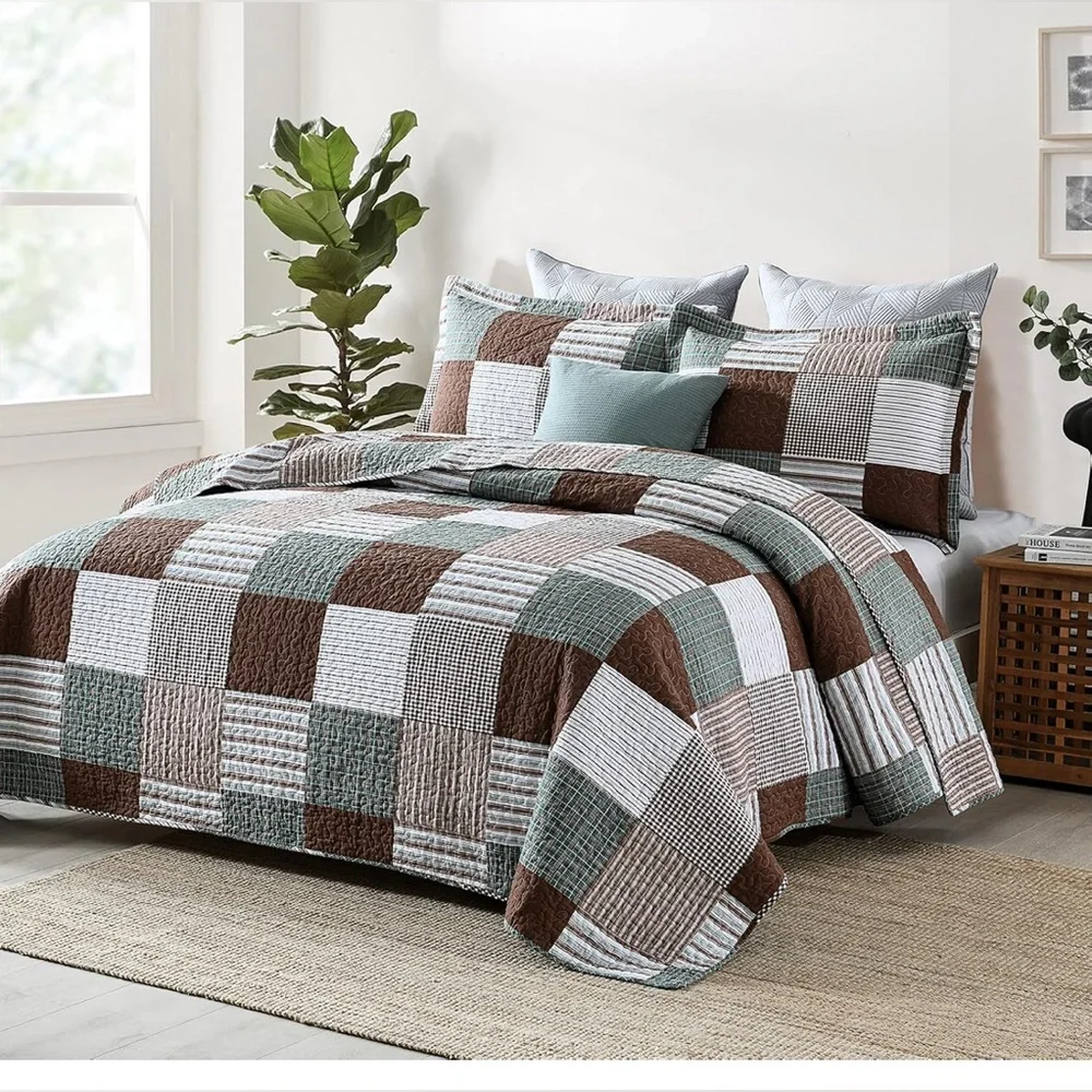 Patchwork Comforter Set in Brown, Green, White - Quilted Home Bedding
